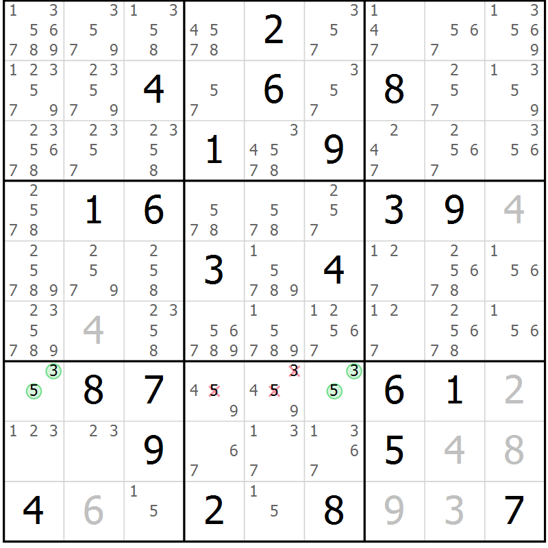 Position des candidats pour la solution de la Gr 9 page 12 du magazine de sudoku Virtuose n° 105