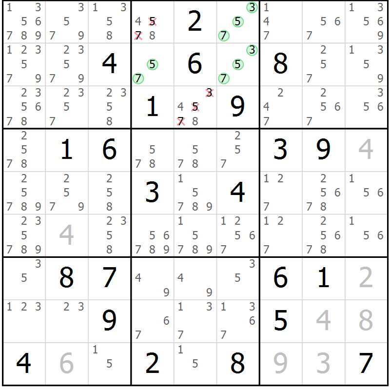 Position des candidats pour la solution de la Gr 9 page 12 du magazine de sudoku Virtuose n° 105