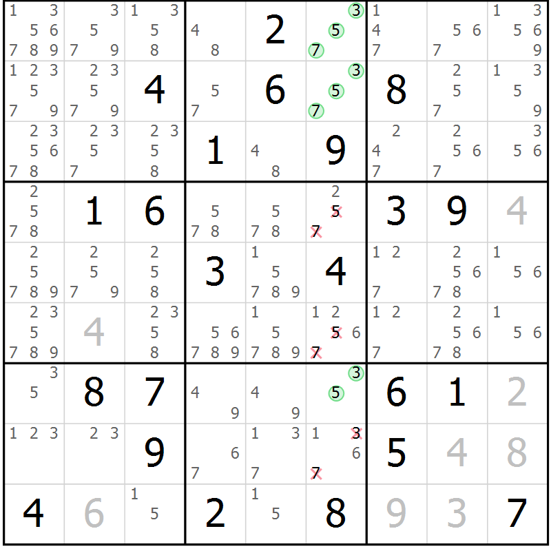 Position des candidats pour la solution de la Gr 9 page 12 du magazine de sudoku Virtuose n° 105