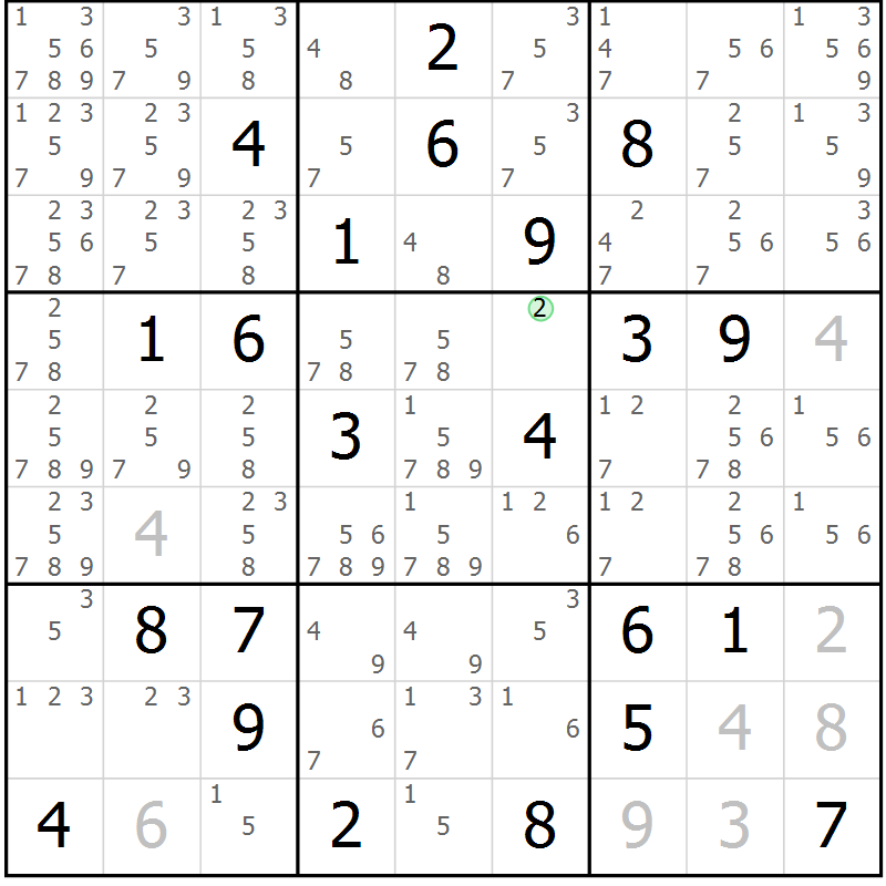 Position des candidats pour la solution de la Gr 9 page 12 du magazine de sudoku Virtuose n° 105