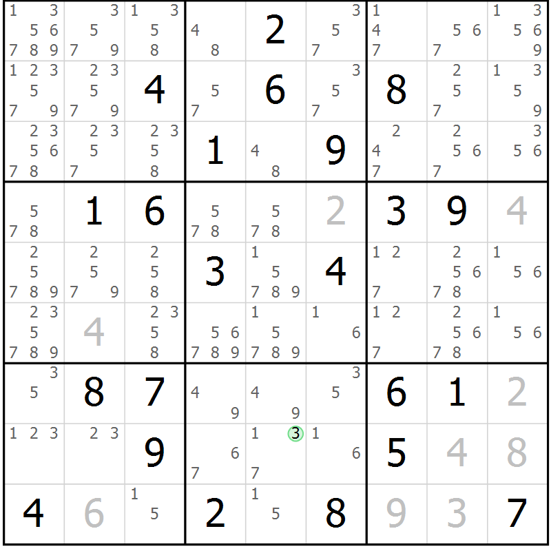 Position des candidats pour la solution de la Gr 9 page 12 du magazine de sudoku Virtuose n° 105