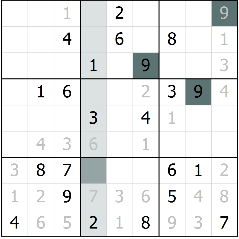 Position des candidats pour la solution de la Gr 9 page 12 du magazine de sudoku Virtuose n° 105