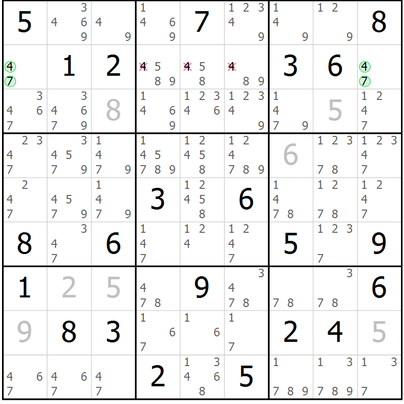 Position des candidats pour la solution de la Gr 1 page 4 du magazine de sudoku Virtuose n° 106