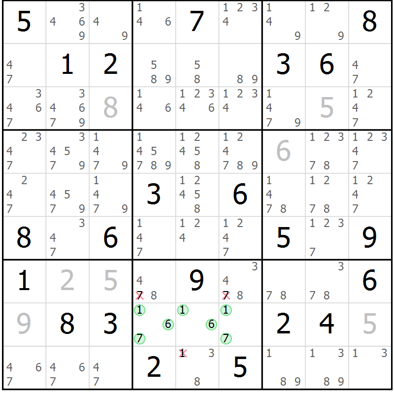Position des candidats pour la solution de la Gr 1 page 4 du magazine de sudoku Virtuose n° 106
