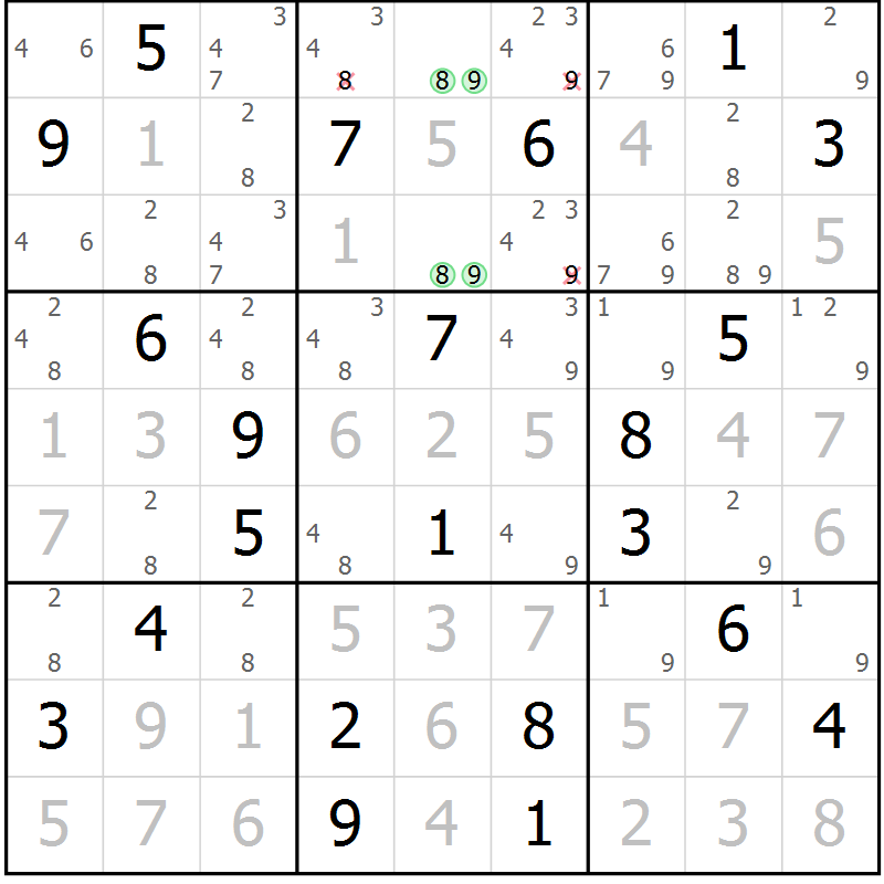 Position des candidats pour la solution de la Gr 10 page 13 du magazine de sudoku Virtuose n° 106
