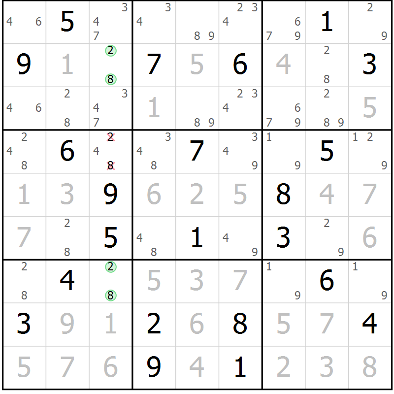 Position des candidats pour la solution de la Gr 10 page 13 du magazine de sudoku Virtuose n° 106
