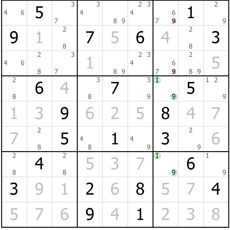Position des candidats pour la solution de la Gr 10 page 13 du magazine de sudoku Virtuose n° 106