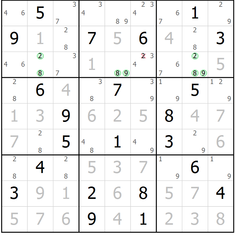 Position des candidats pour la solution de la Gr 10 page 13 du magazine de sudoku Virtuose n° 106
