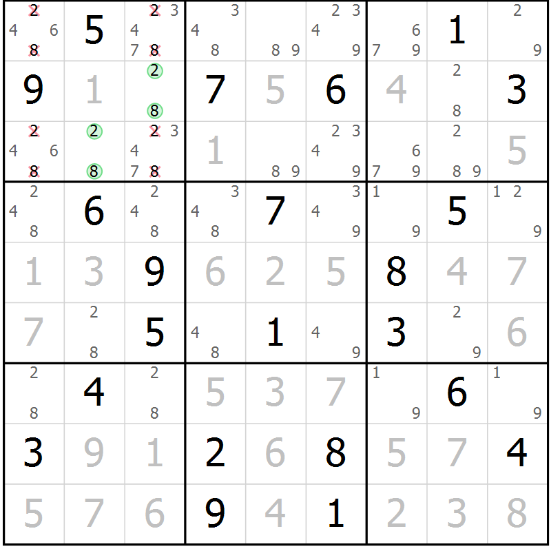 Position des candidats pour la solution de la Gr 10 page 13 du magazine de sudoku Virtuose n° 106