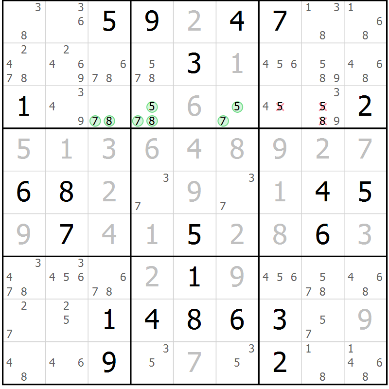 Position des candidats pour la solution de la Gr 11 page 14 du magazine de sudoku Virtuose n° 106