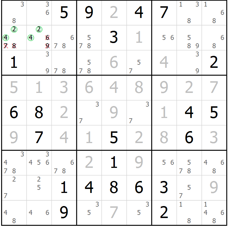 Position des candidats pour la solution de la Gr 11 page 14 du magazine de sudoku Virtuose n° 106