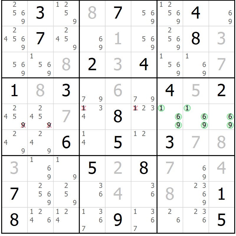 Position des candidats pour la solution de la Gr 13 page 16 du magazine de sudoku Virtuose n° 106