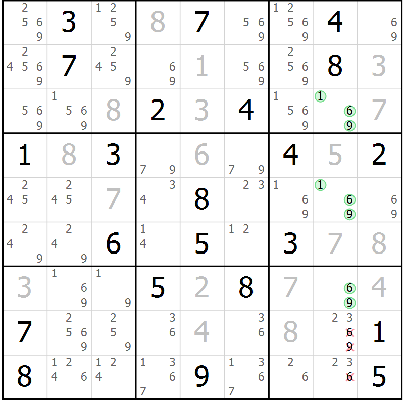 Position des candidats pour la solution de la Gr 13 page 16 du magazine de sudoku Virtuose n° 106