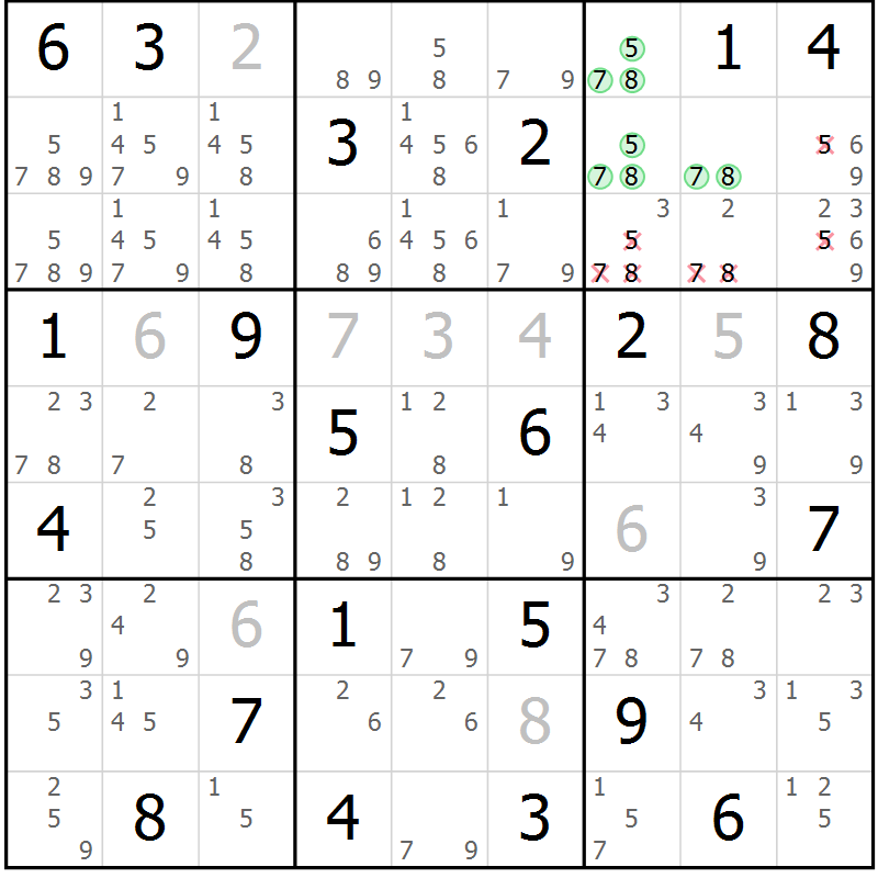 Position des candidats pour la solution de la Gr 14 page 17 du magazine de sudoku Virtuose n° 106