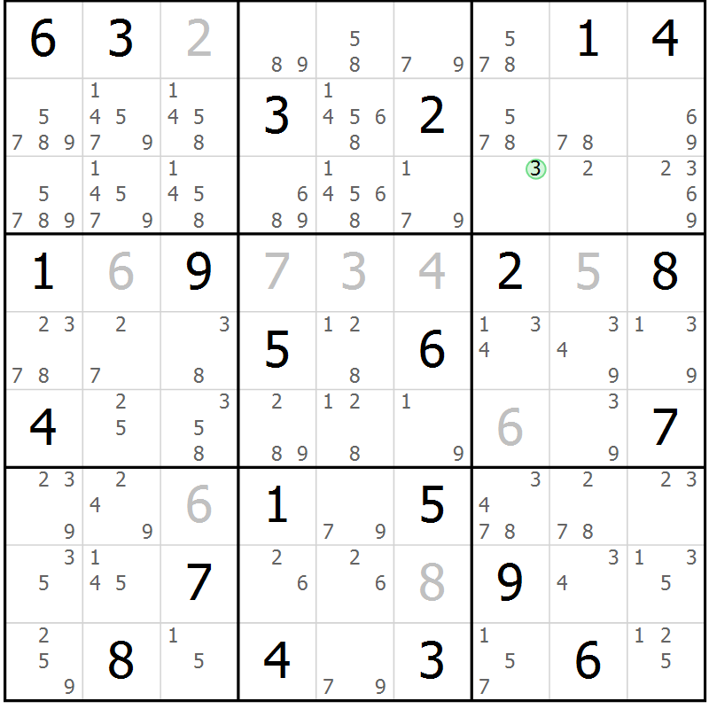 Position des candidats pour la solution de la Gr 14 page 17 du magazine de sudoku Virtuose n° 106
