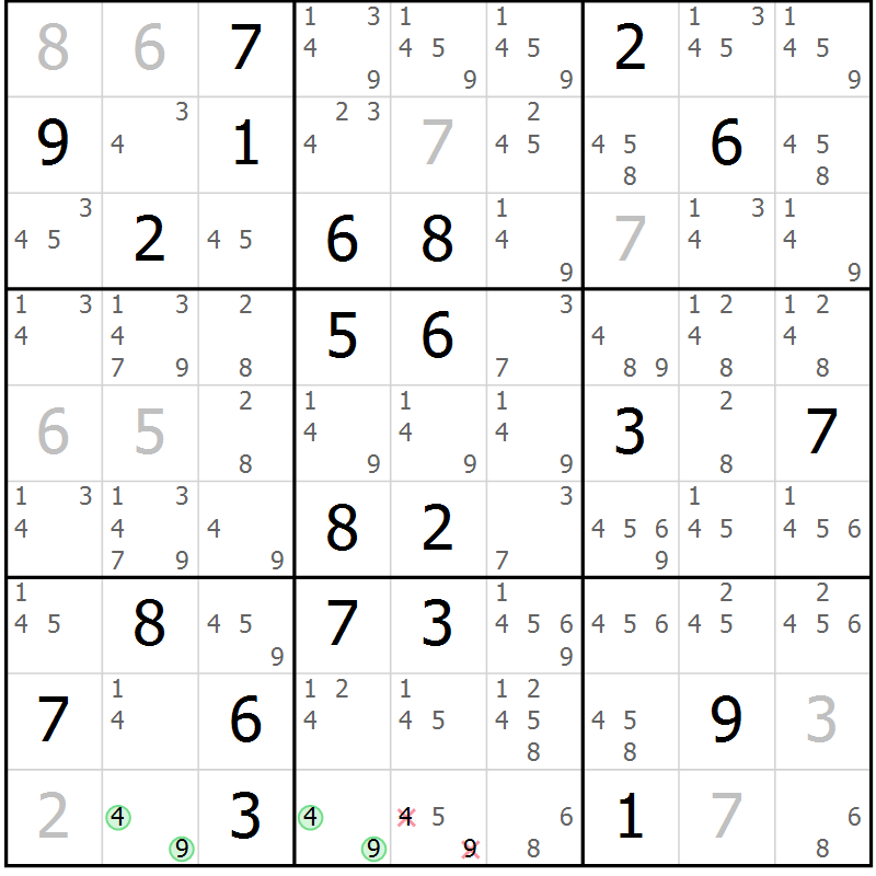 Position des candidats pour la solution de la Gr 15 page 18 du magazine de sudoku Virtuose n° 106