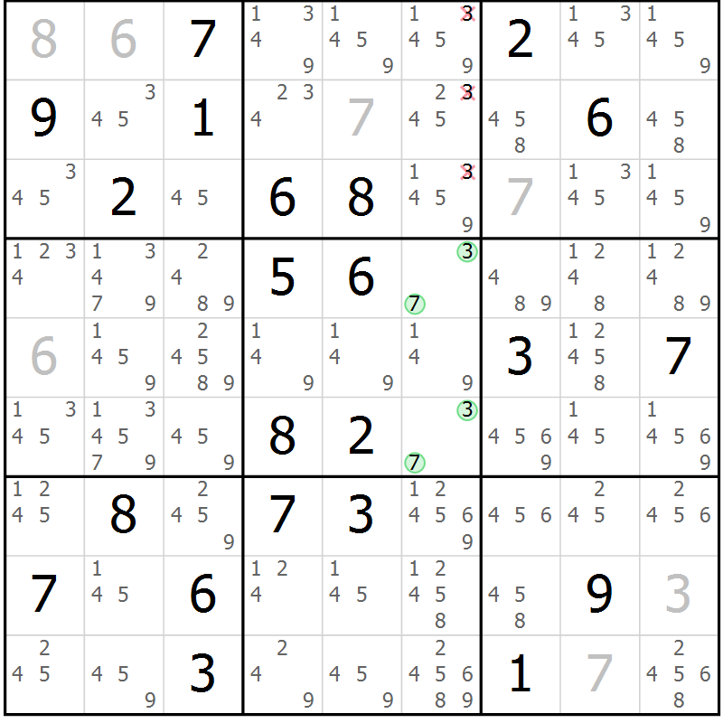 Position des candidats pour la solution de la Gr 15 page 18 du magazine de sudoku Virtuose n° 106