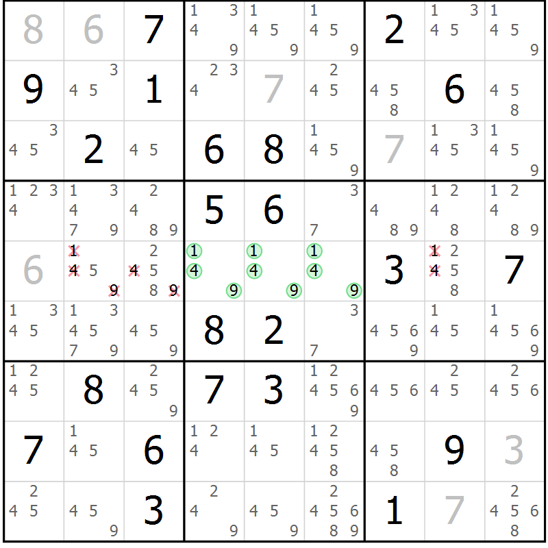 Position des candidats pour la solution de la Gr 15 page 18 du magazine de sudoku Virtuose n° 106