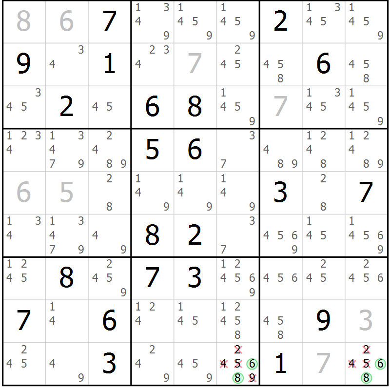 Position des candidats pour la solution de la Gr 15 page 18 du magazine de sudoku Virtuose n° 106