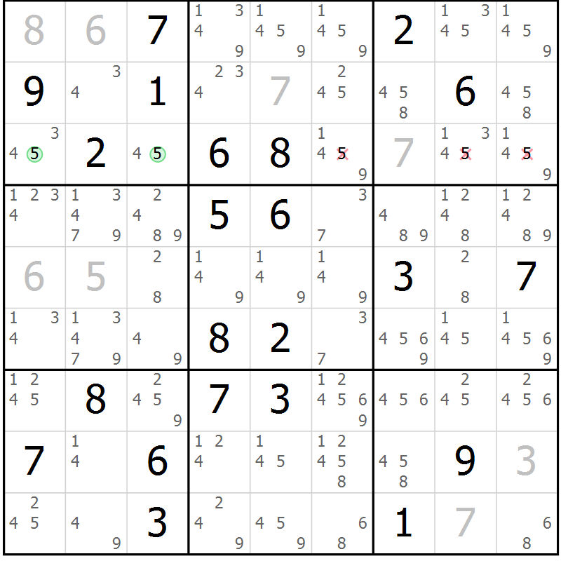 Position des candidats pour la solution de la Gr 15 page 18 du magazine de sudoku Virtuose n° 106
