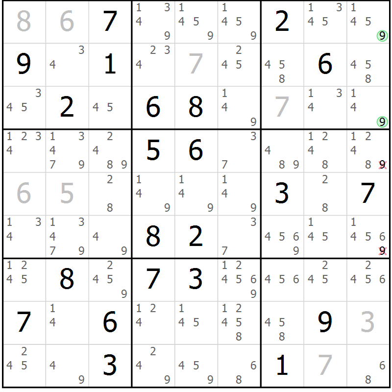 Position des candidats pour la solution de la Gr 15 page 18 du magazine de sudoku Virtuose n° 106