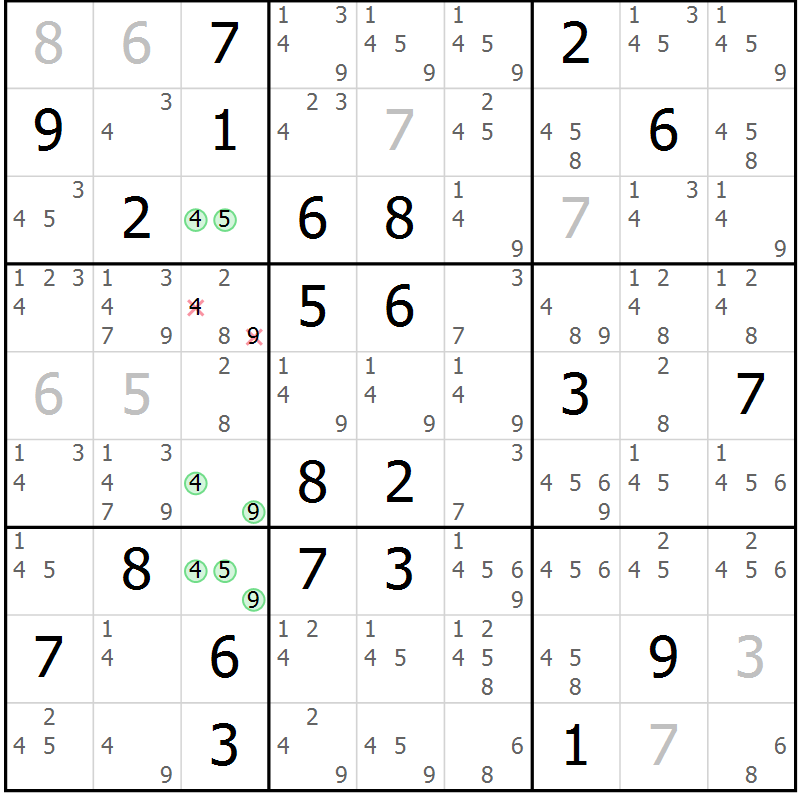 Position des candidats pour la solution de la Gr 15 page 18 du magazine de sudoku Virtuose n° 106