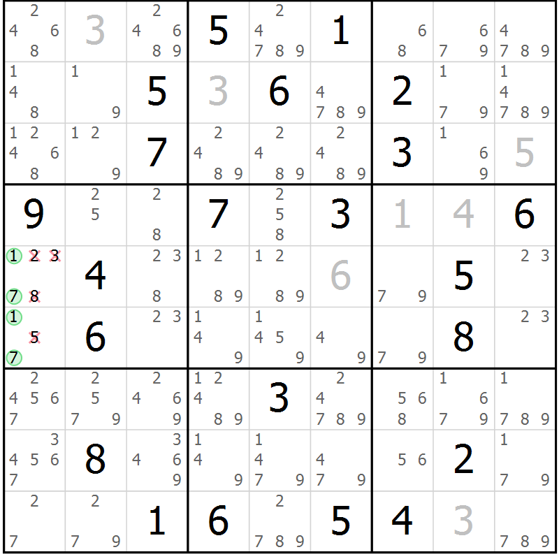 Position des candidats pour la solution de la Gr 16 page 19 du magazine de sudoku Virtuose n° 106