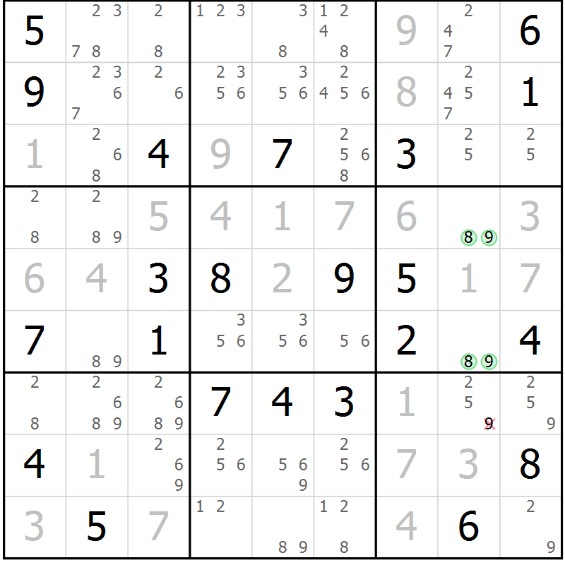 Position des candidats pour la solution de la Gr 17 page 20 du magazine de sudoku Virtuose n° 106