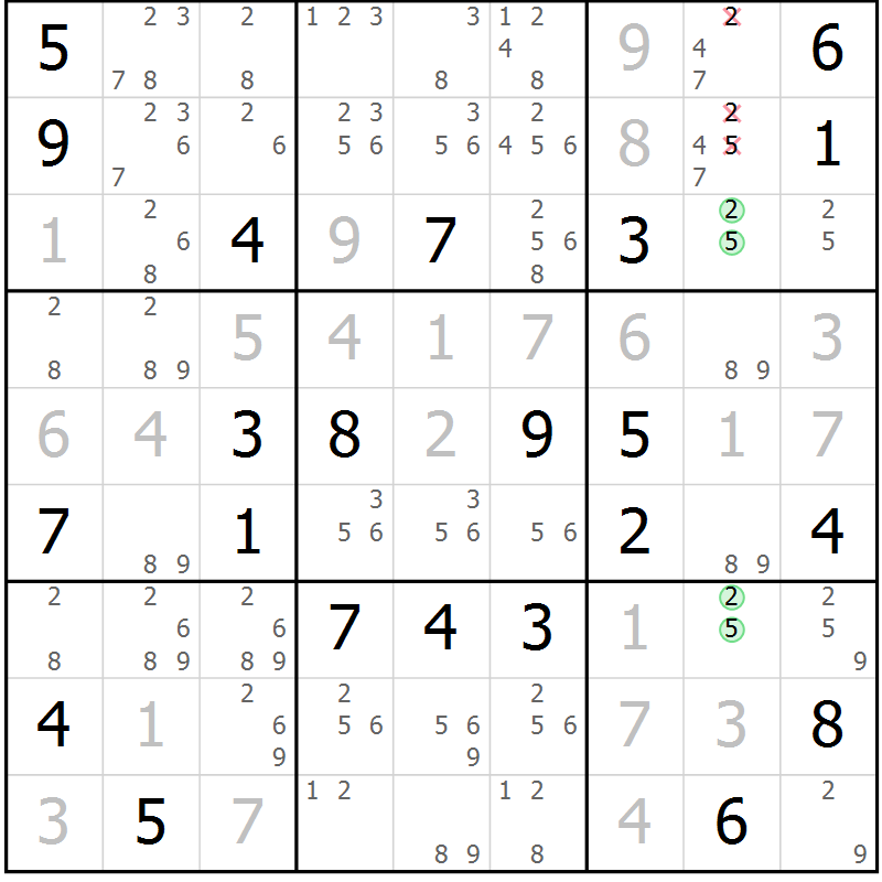 Position des candidats pour la solution de la Gr 17 page 20 du magazine de sudoku Virtuose n° 106