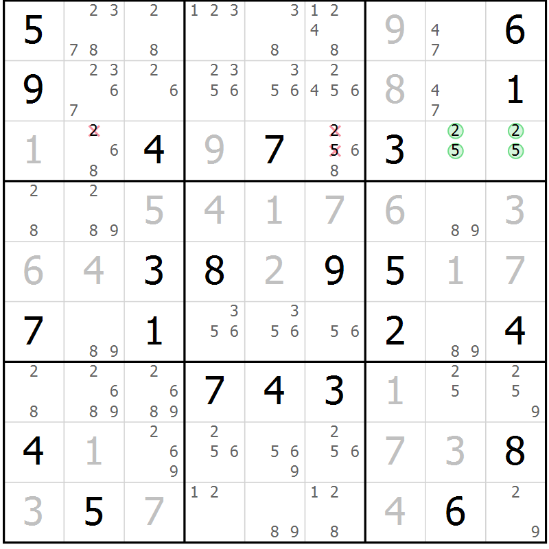 Position des candidats pour la solution de la Gr 17 page 20 du magazine de sudoku Virtuose n° 106