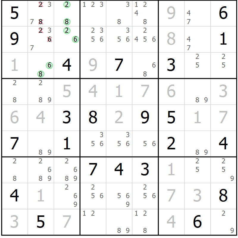Position des candidats pour la solution de la Gr 17 page 20 du magazine de sudoku Virtuose n° 106
