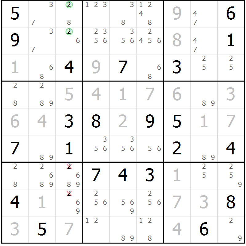Position des candidats pour la solution de la Gr 17 page 20 du magazine de sudoku Virtuose n° 106