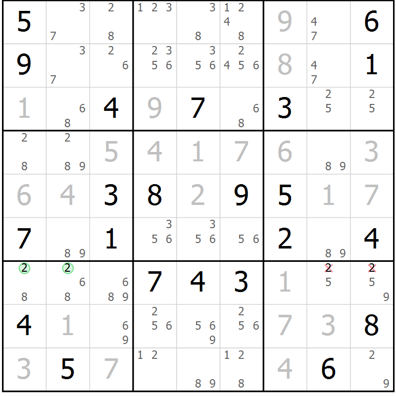 Position des candidats pour la solution de la Gr 17 page 20 du magazine de sudoku Virtuose n° 106