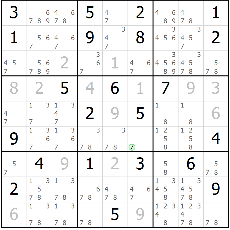 Position des candidats pour la solution de la Gr 18 page 21 du magazine de sudoku Virtuose n° 106