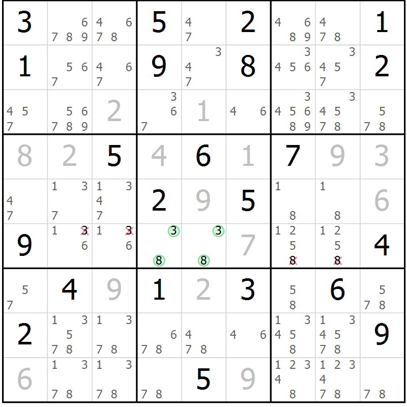 Position des candidats pour la solution de la Gr 18 page 21 du magazine de sudoku Virtuose n° 106