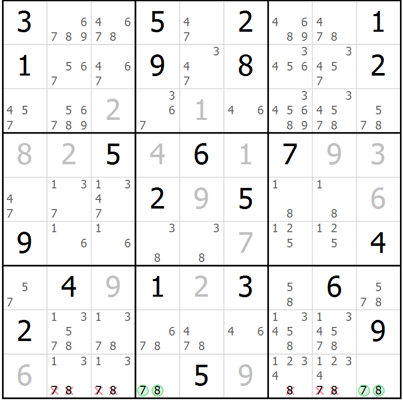 Position des candidats pour la solution de la Gr 18 page 21 du magazine de sudoku Virtuose n° 106
