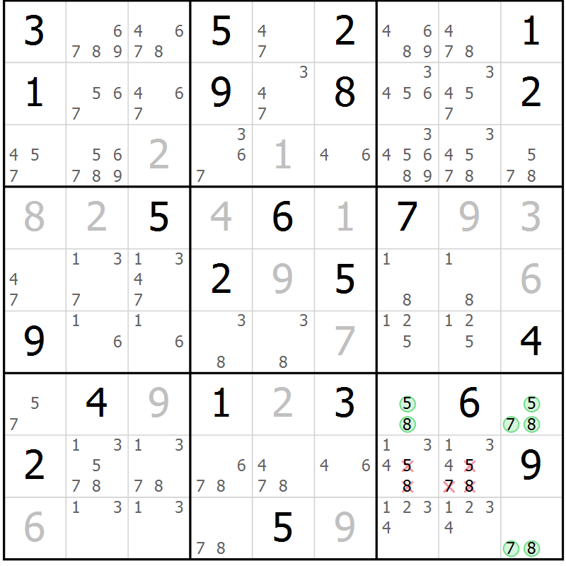 Position des candidats pour la solution de la Gr 18 page 21 du magazine de sudoku Virtuose n° 106
