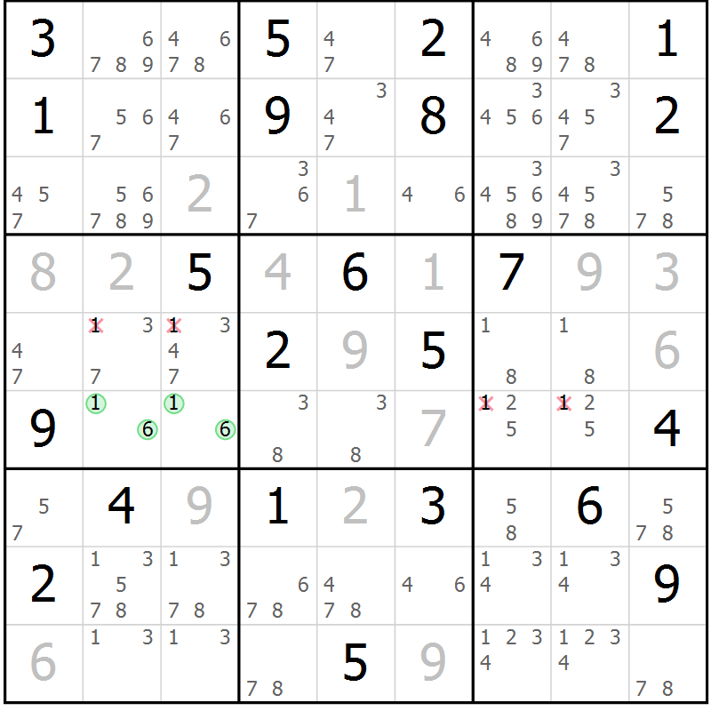 Position des candidats pour la solution de la Gr 18 page 21 du magazine de sudoku Virtuose n° 106