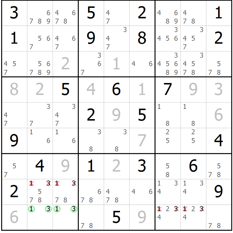Position des candidats pour la solution de la Gr 18 page 21 du magazine de sudoku Virtuose n° 106