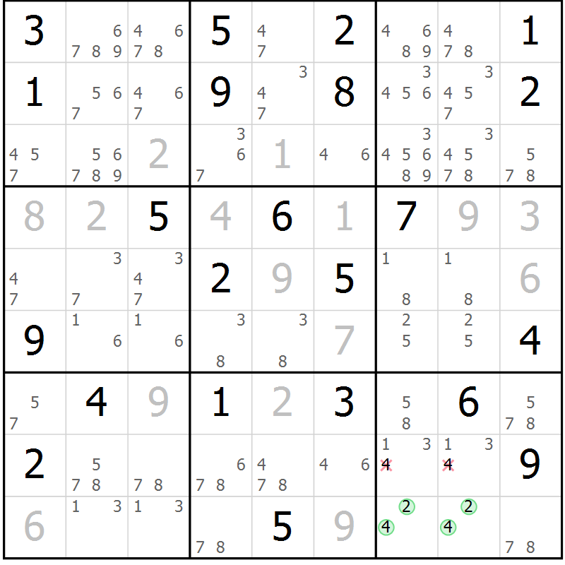 Position des candidats pour la solution de la Gr 18 page 21 du magazine de sudoku Virtuose n° 106