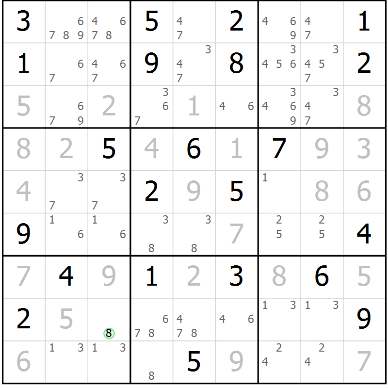 Position des candidats pour la solution de la Gr 18 page 21 du magazine de sudoku Virtuose n° 106