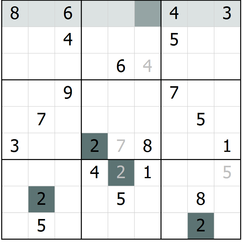 Position des candidats pour la solution de la Gr 2 page 5 du magazine de sudoku Virtuose n° 106