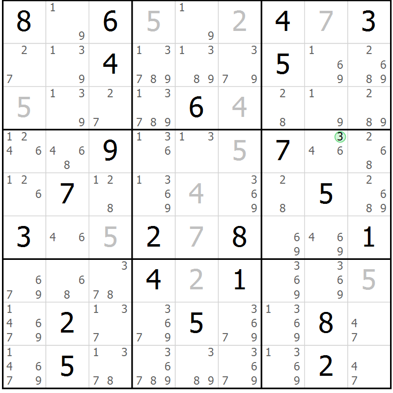 Position des candidats pour la solution de la Gr 2 page 5 du magazine de sudoku Virtuose n° 106