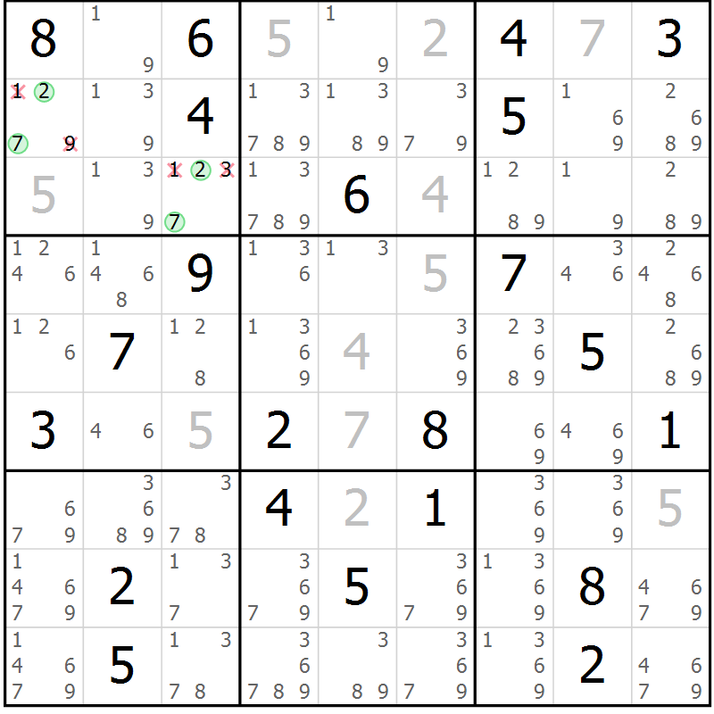 Position des candidats pour la solution de la Gr 2 page 5 du magazine de sudoku Virtuose n° 106