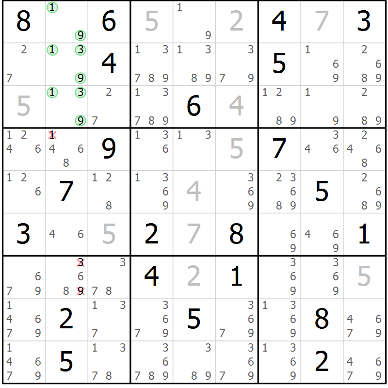 Position des candidats pour la solution de la Gr 2 page 5 du magazine de sudoku Virtuose n° 106