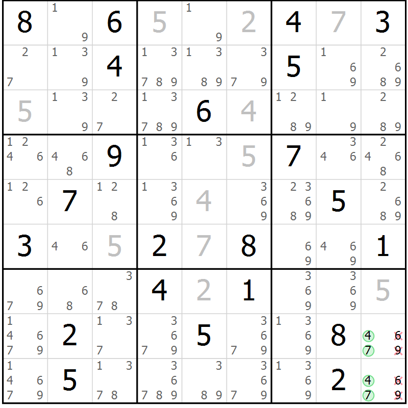 Position des candidats pour la solution de la Gr 2 page 5 du magazine de sudoku Virtuose n° 106