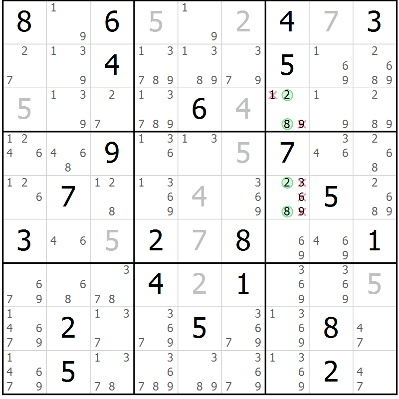 Position des candidats pour la solution de la Gr 2 page 5 du magazine de sudoku Virtuose n° 106