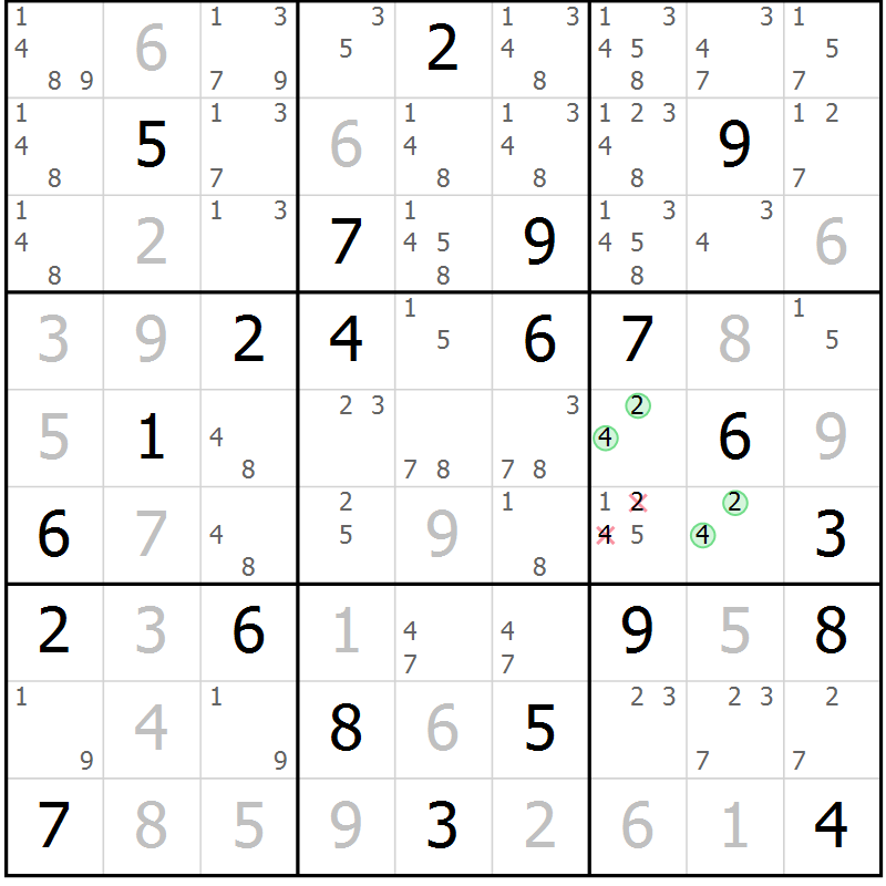 Position des candidats pour la solution de la Gr 20 page 23 du magazine de sudoku Virtuose n° 106