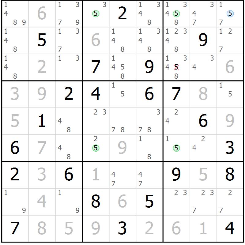 Position des candidats pour la solution de la Gr 20 page 23 du magazine de sudoku Virtuose n° 106