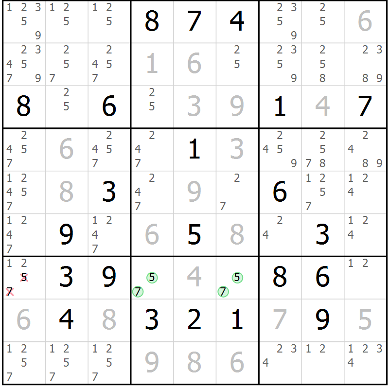 Position des candidats pour la solution de la Gr 22 page 25 du magazine de sudoku Virtuose n° 106